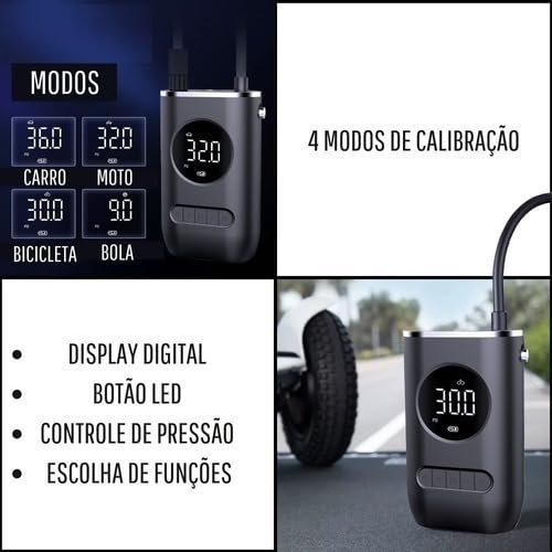 Bomba de ar, Calibrador e Compressor Pneu De Carro, Bike e Moto - Portátil Recarregável Bivolt