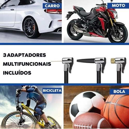 Bomba de ar, Calibrador e Compressor Pneu De Carro, Bike e Moto - Portátil Recarregável Bivolt