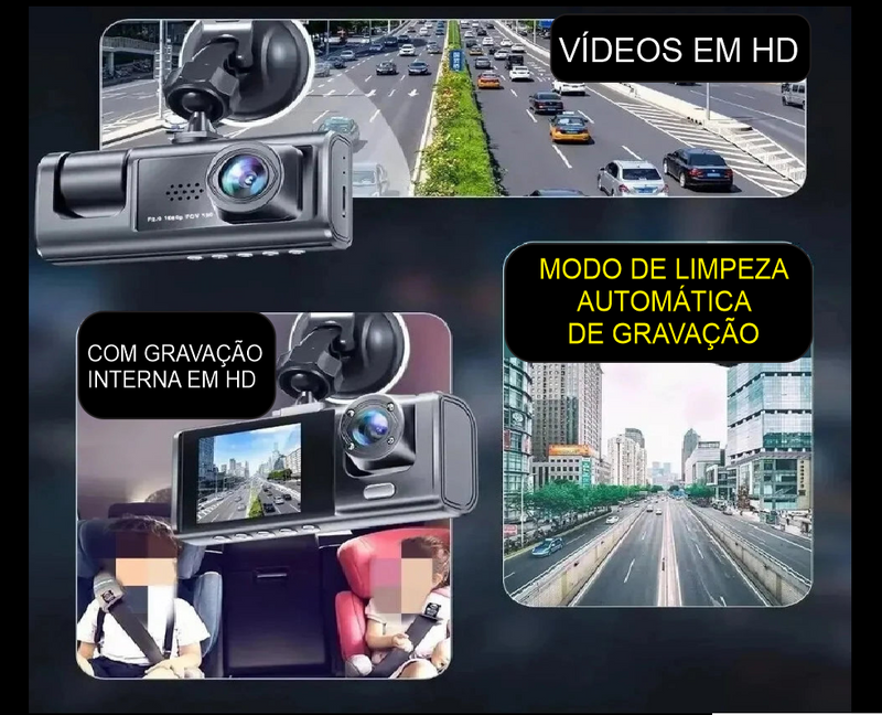 Câmera de Segurança Dual Automotiva com gravação Interna e Externa DVR HD